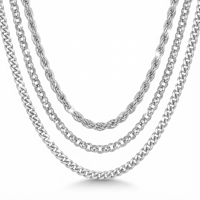 Triple Set of Stainless Steel Necklaces: Rope, Rolo, and Cuban Link chains displayed together.