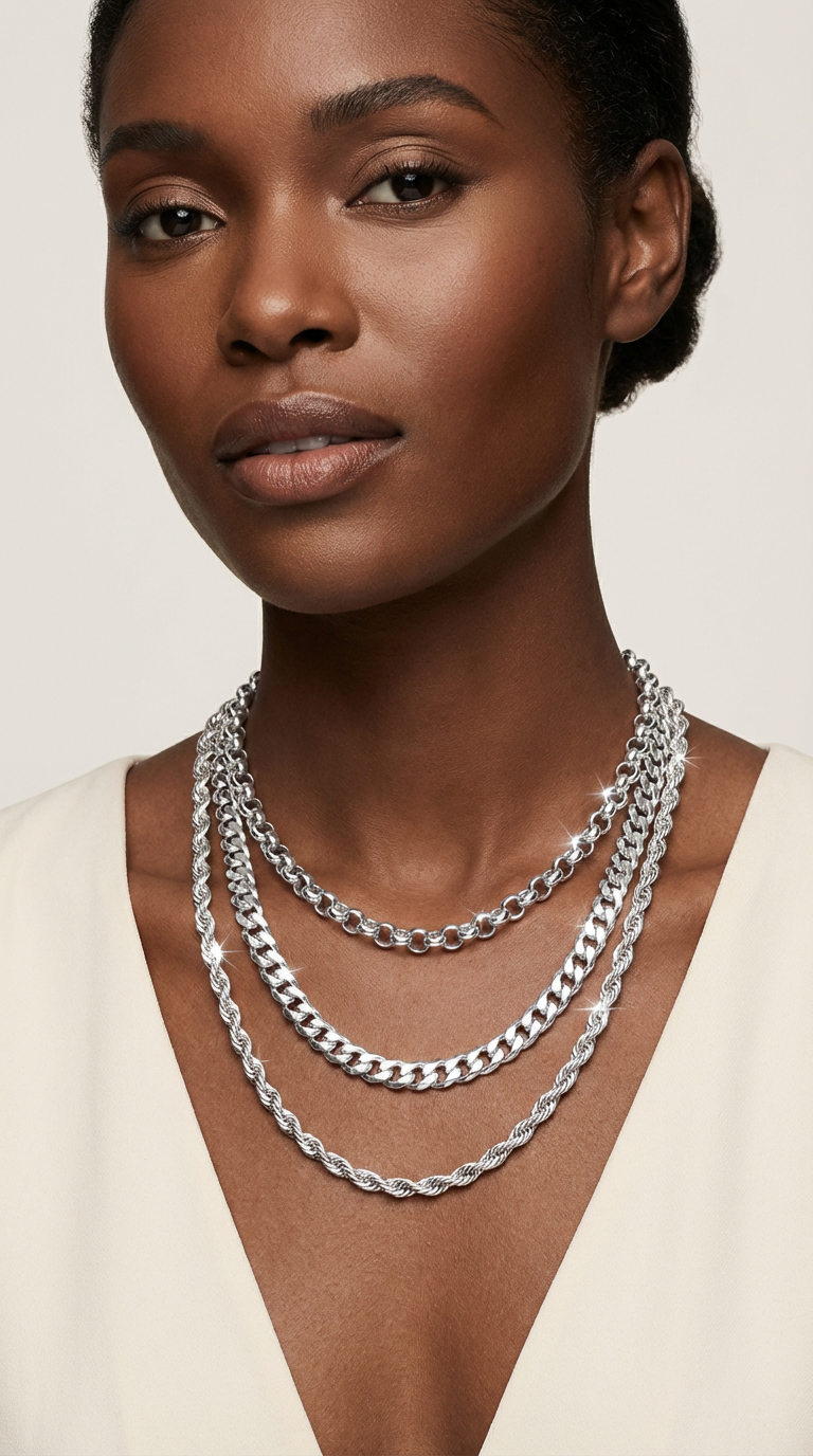 A woman wearing multiple silver chain necklaces. Side-by-side close-up showing the distinct textures of the Rope, Rolo, and Cuban link chains.