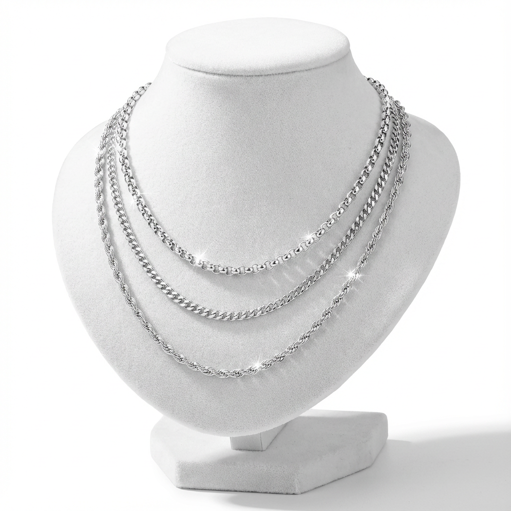 TripleSet of Stainless Steel Necklaces: Rope, Rolo, and Cuban Link chains displayed together.