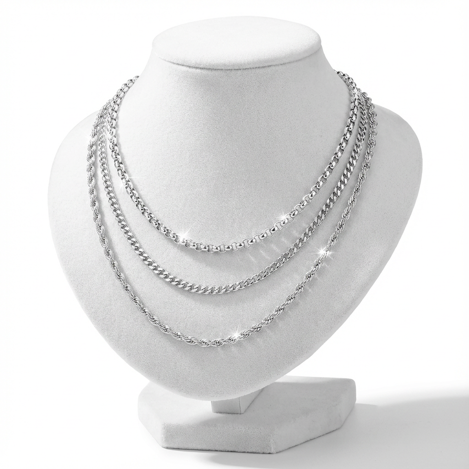 TripleSet of Stainless Steel Necklaces: Rope, Rolo, and Cuban Link chains displayed together.