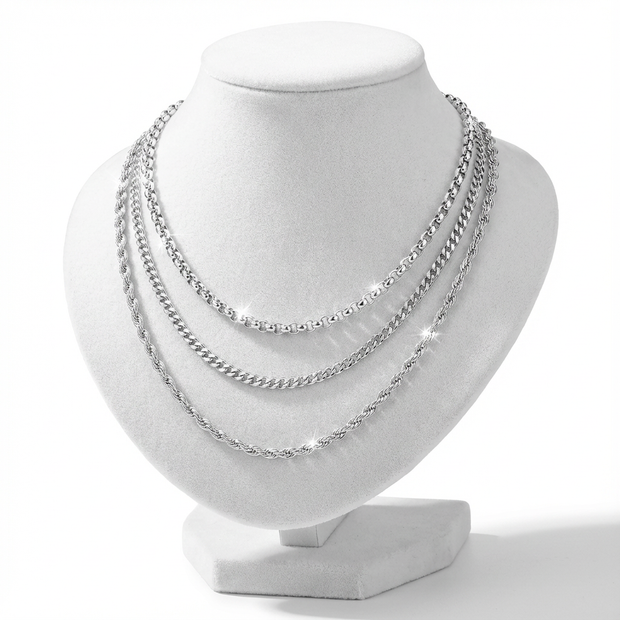 TripleSet of Stainless Steel Necklaces: Rope, Rolo, and Cuban Link chains displayed together.