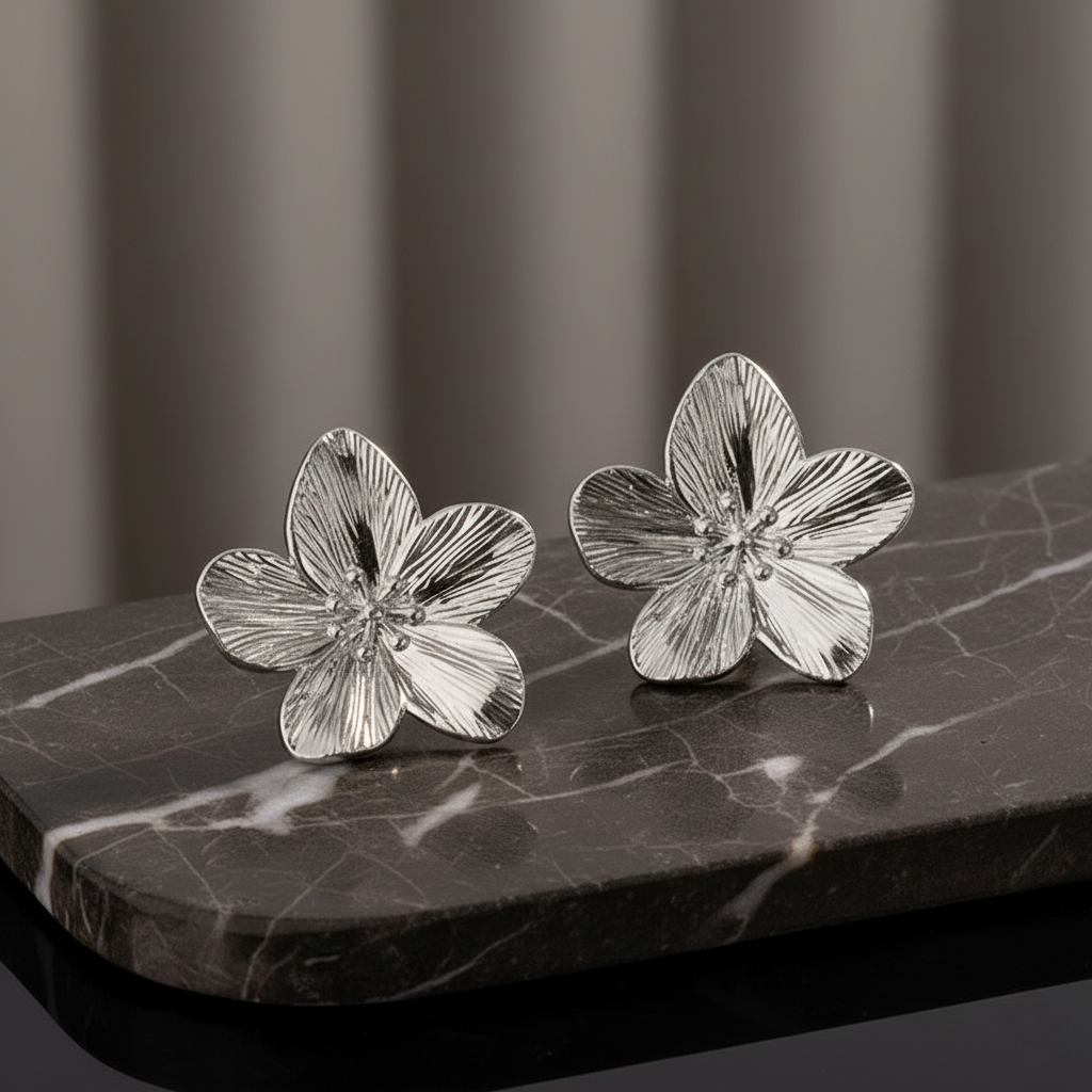 Silver flower-shaped earrings on a dark marble surface with a blurred background