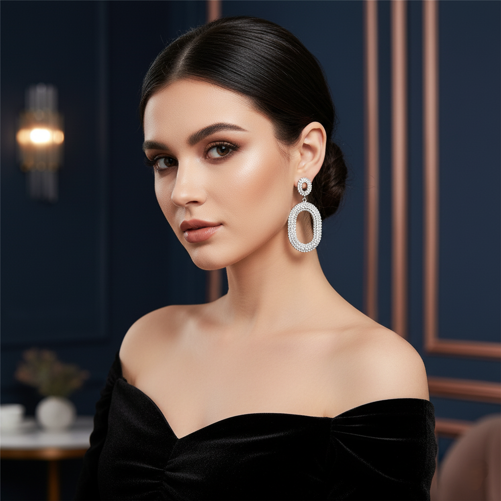 Woman wearing elegant earrings in a sophisticated setting