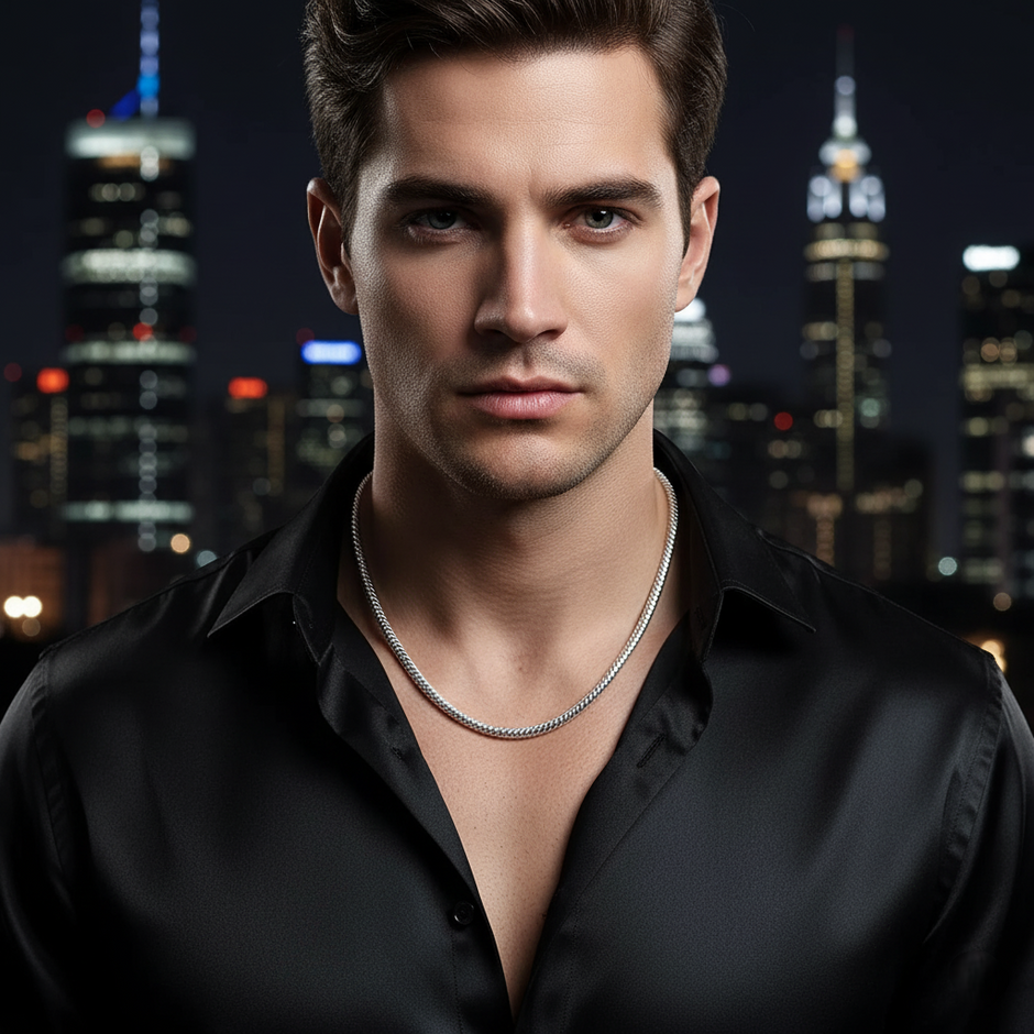 Man wearing a black shirt and silver necklace with a city skyline in the background