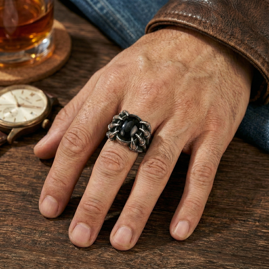 Bold black onyx dragon claw ring for men - aggressive statement ring design