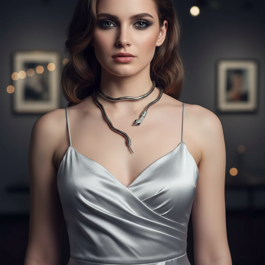 Woman wearing a silver dress and snake necklace in an indoor setting