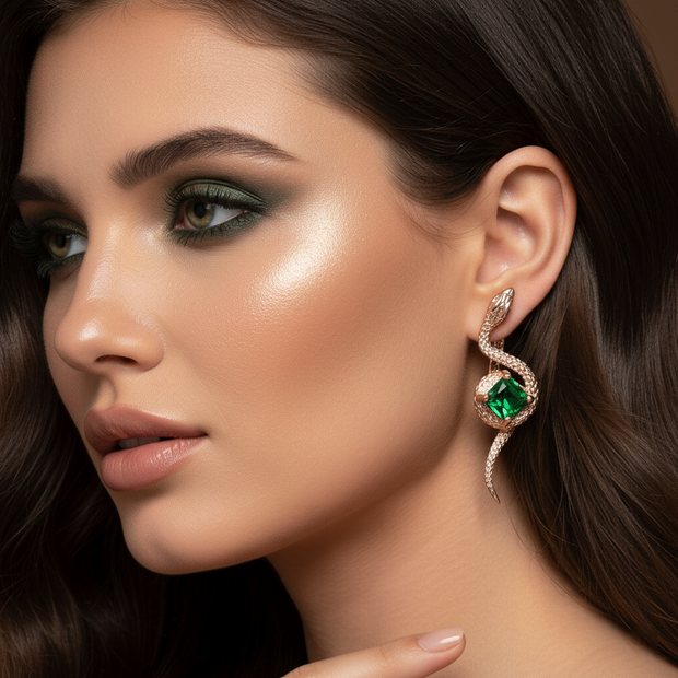 Close-up of a woman wearing a snake-shaped earring with a green gemstone.