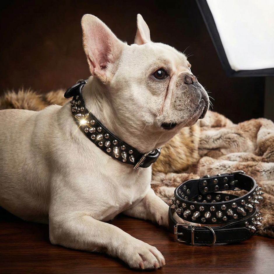 White dog with a studded collar lying on a wooden surface with another studded collar beside it.