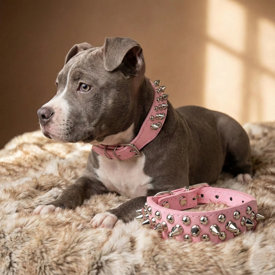 Dog wearing a pink studded collar on a soft surface