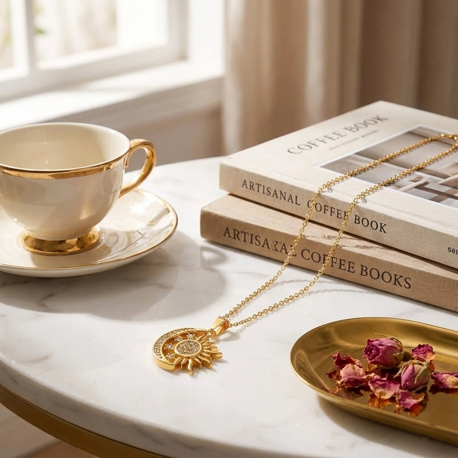 Gold sun moon, and stars necklace on a marble surface with a cup, books, and dried flowers.