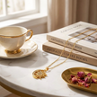Gold sun moon, and stars necklace on a marble surface with a cup, books, and dried flowers.