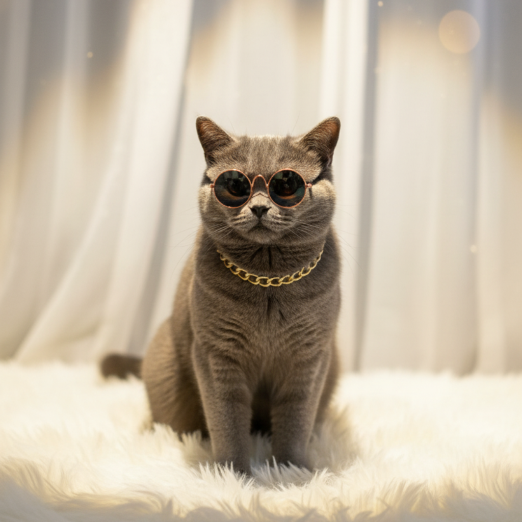 Cat wearing sunglasses and a gold chain sitting on a fluffy surface with blurred lights in the background