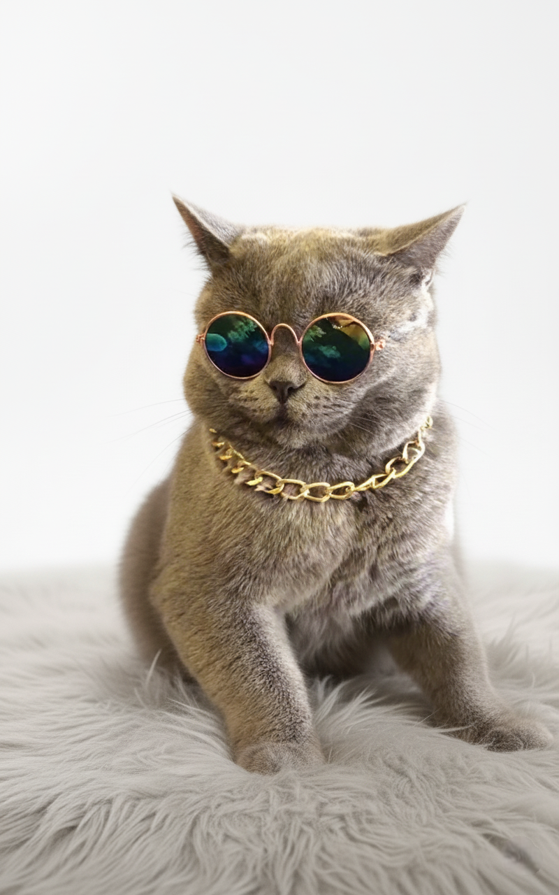 Cat wearing sunglasses and a gold chain collar on a white background