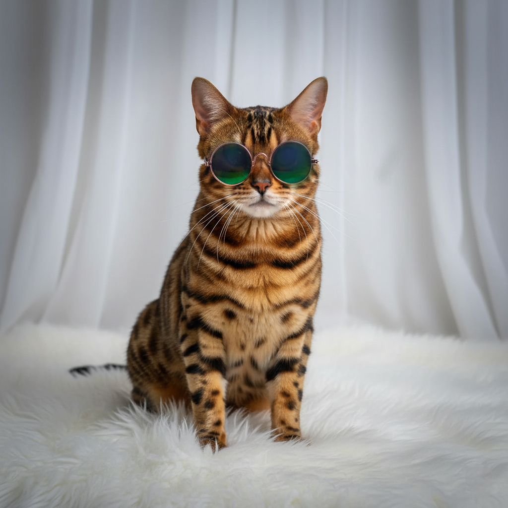 Cat wearing sunglasses sitting on a white surface with a white curtain background