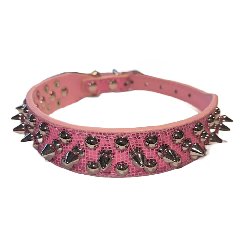 Sparkle Pink dog collar with black spikes on a white background