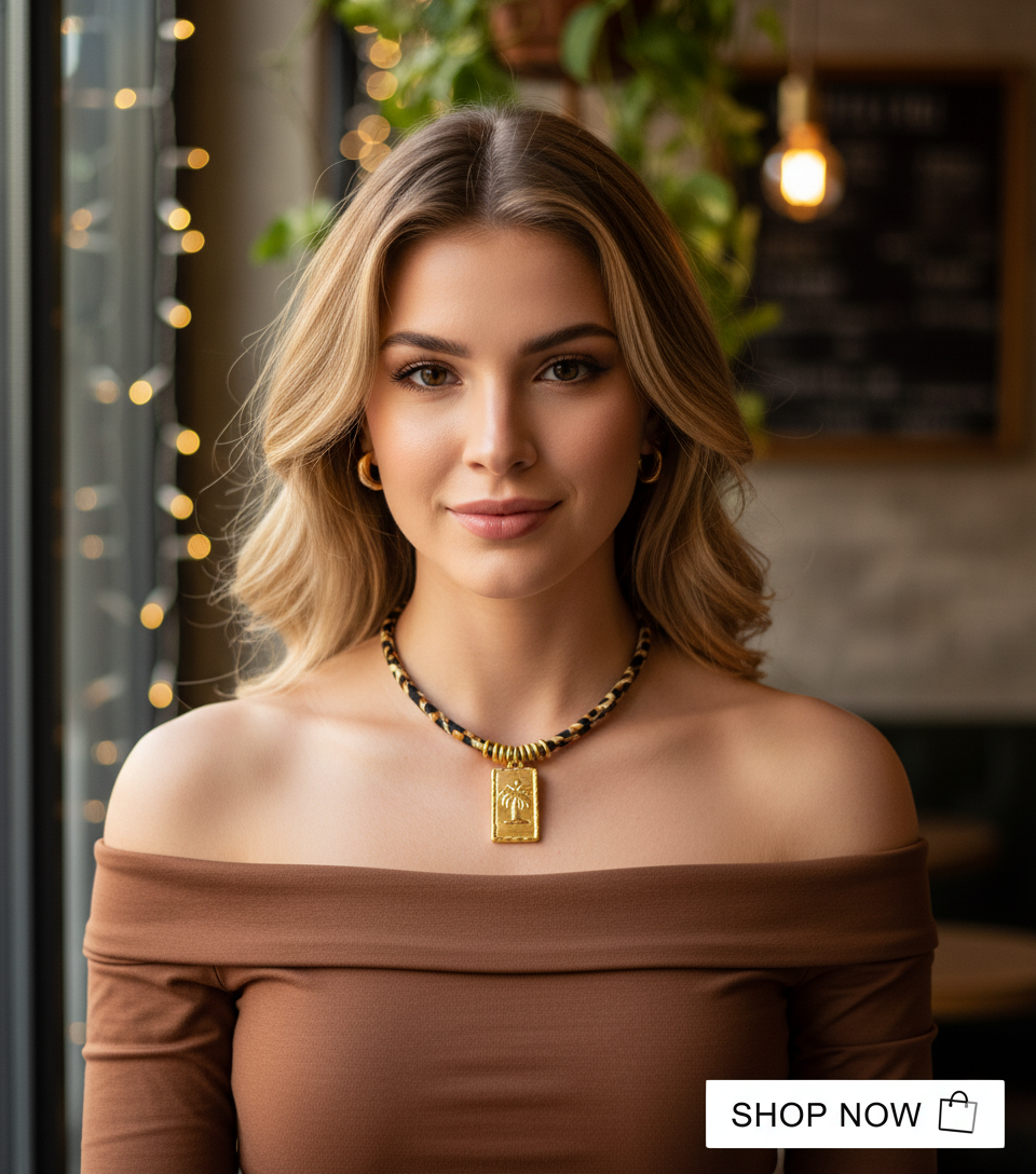 Woman wearing a necklace with a gold pendant in a cozy indoor setting