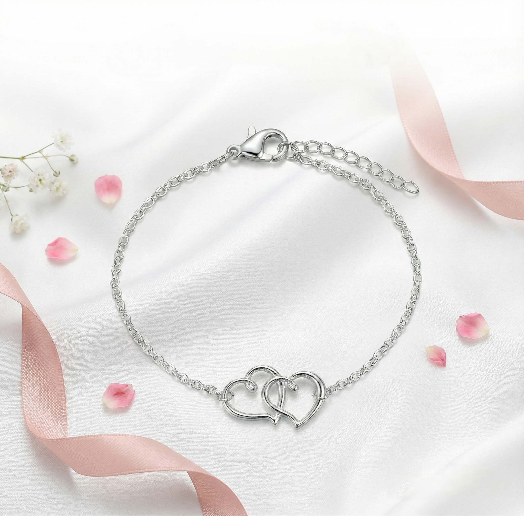 Silver bracelet with heart design on a light background with pink ribbons and flowers