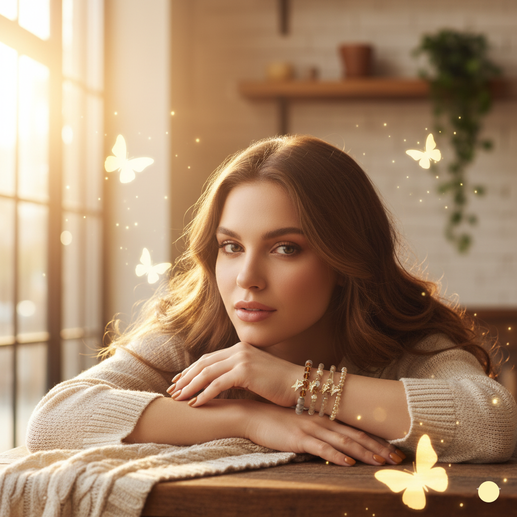A woman wearing four beaded bracelets with sitting indoors with a warm, cozy atmosphere