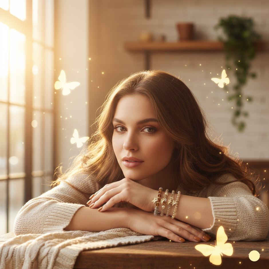 A woman wearing four beaded bracelets with sitting indoors with a warm, cozy atmosphere