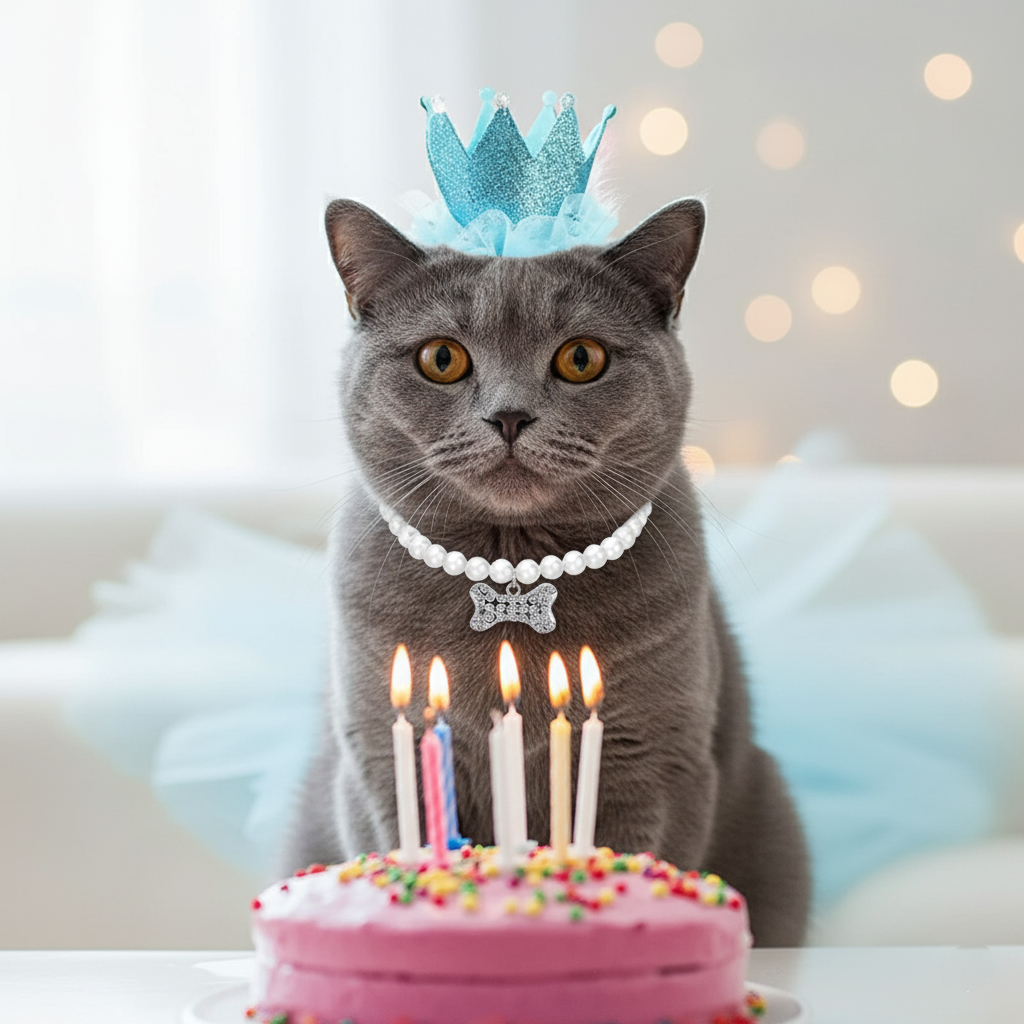 Cat wearing a birthday crown with a cake and lit candles on a soft blurred background