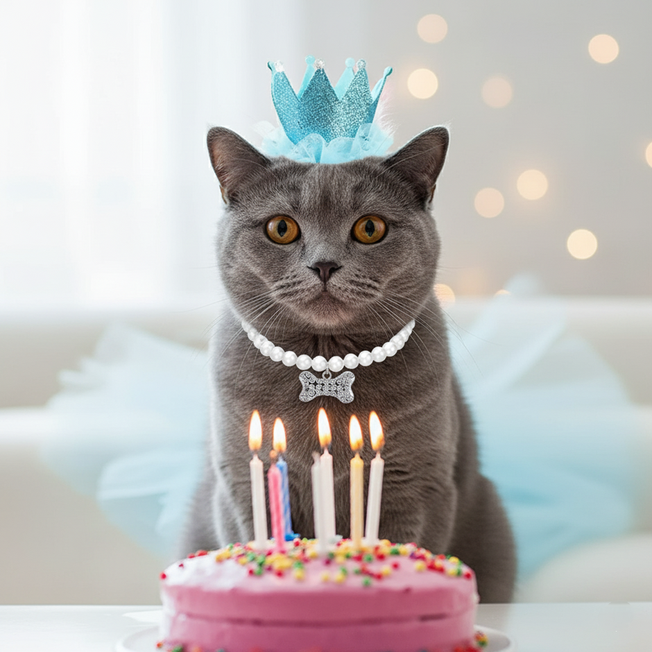 Cat wearing a birthday crown with a cake and lit candles on a soft blurred background