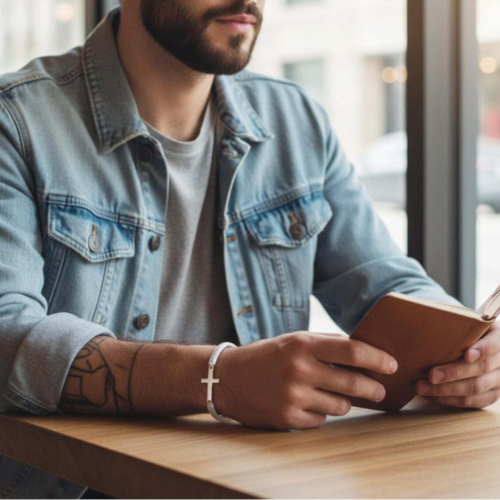 Man sitting at a table wearing a white braided bracelet with a silver cross charm