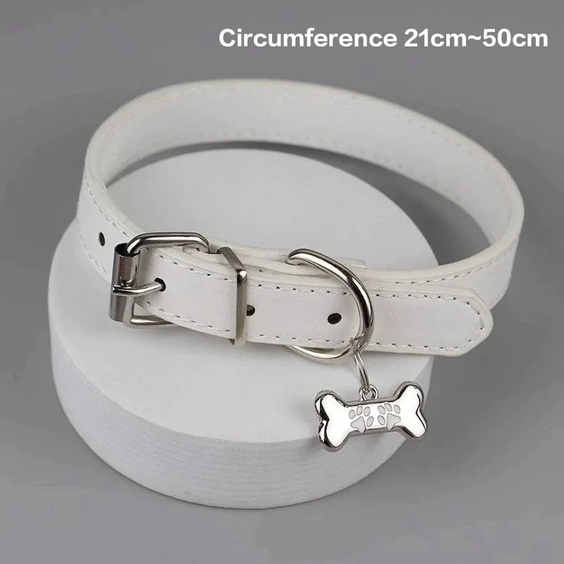 white leather dog collar with a bone-shaped charm on a gray background