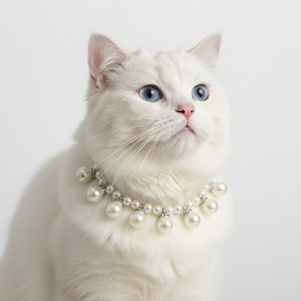 White cat with blue eyes wearing a pearl necklace on a white background