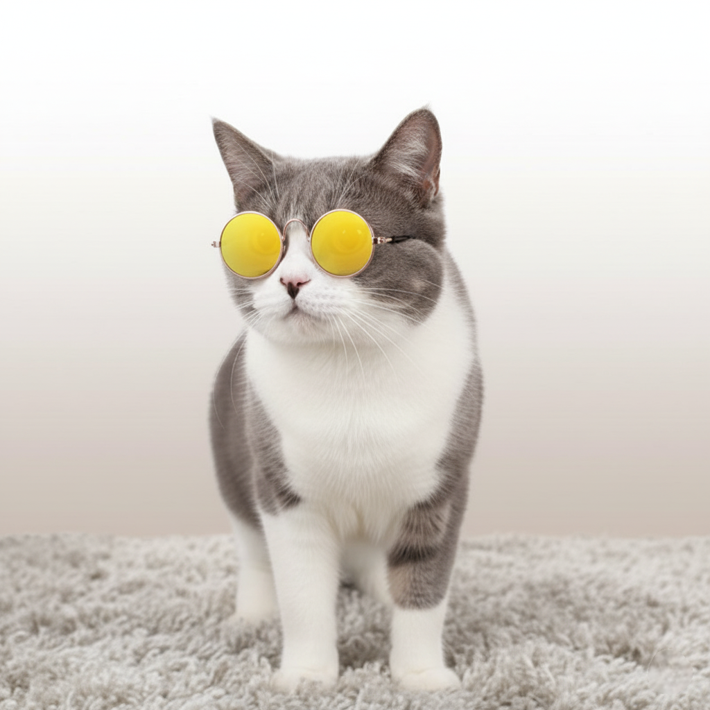 Cat wearing yellow sunglasses on a neutral background