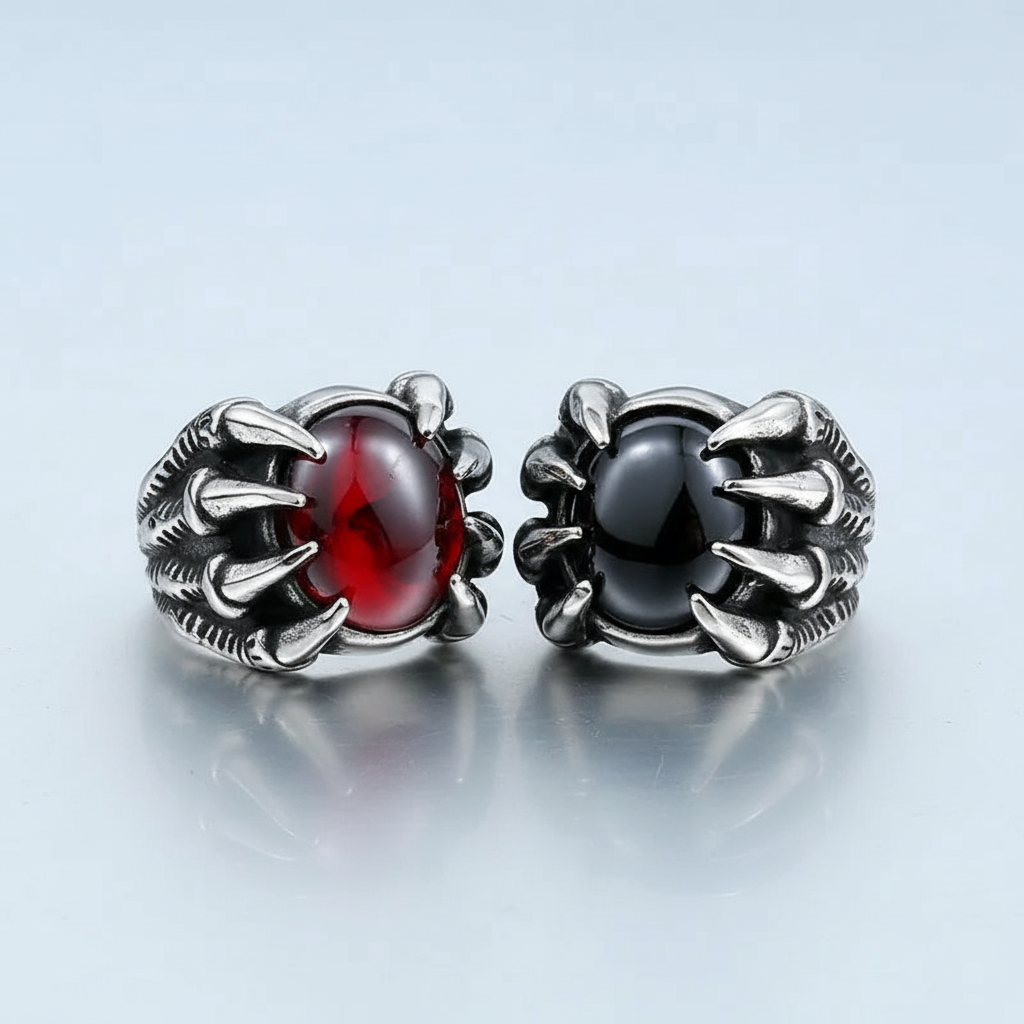 Men's Dragon Claw Ring with genuine red ruby stone - stainless steel gothic jewelry
Bold black onyx dragon claw ring for men - aggressive statement ring design