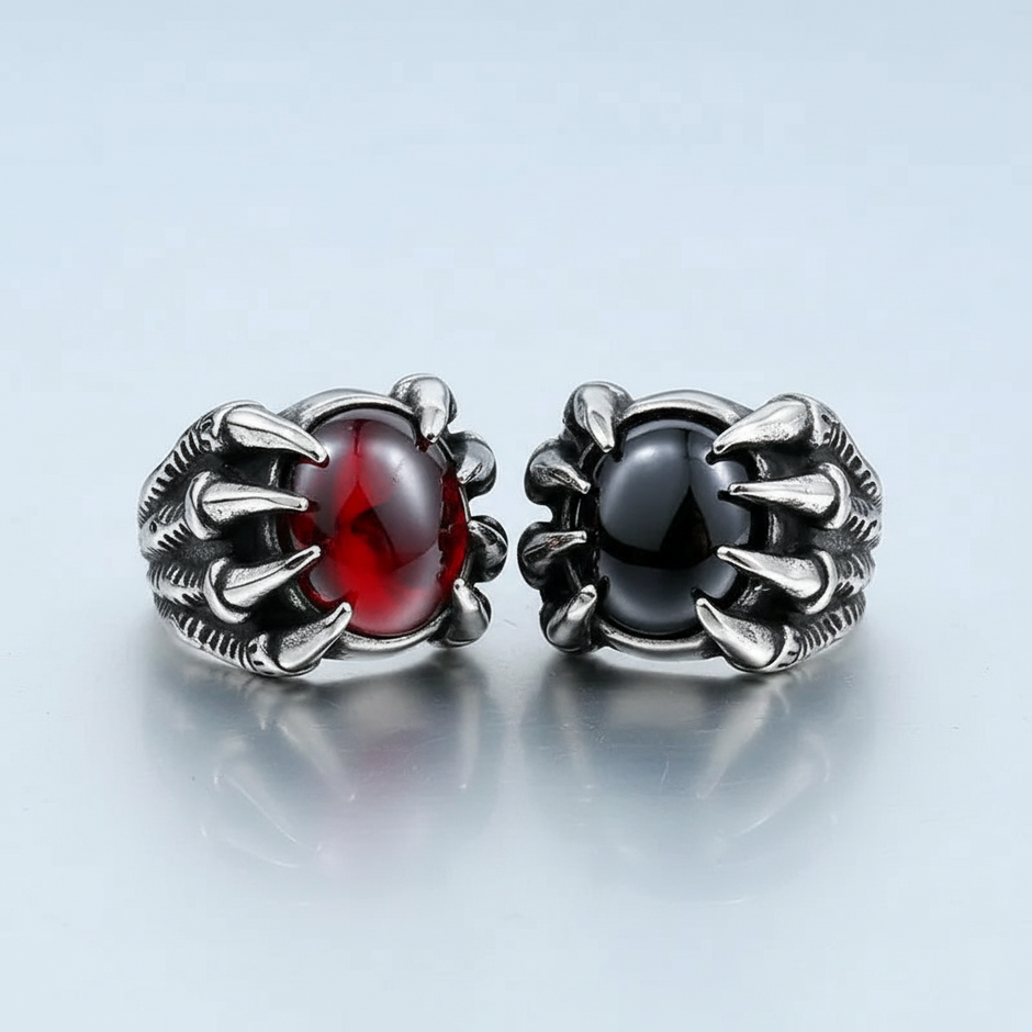 Men's Dragon Claw Ring with genuine red ruby stone - stainless steel gothic jewelry
Bold black onyx dragon claw ring for men - aggressive statement ring design